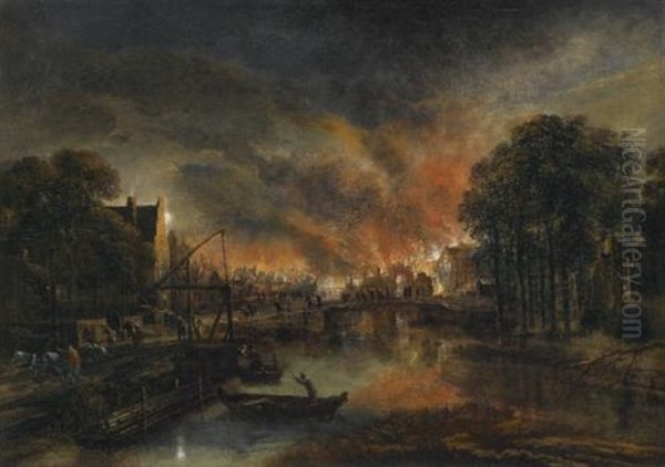 A Moonlit Landscape With A Burning Village Oil Painting by Aert van der Neer