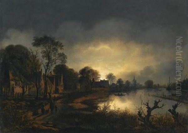 A River Landscape At Dusk With And Figures Walking Along A Path Towards A Village To The Left, A Church In The Distance Oil Painting by Aert van der Neer