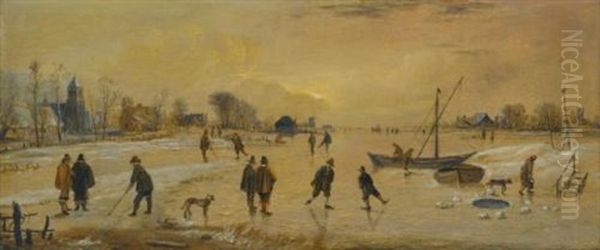 A Winter Landscape With Skaters And Kolf Players, A Village To The Left Oil Painting by Aert van der Neer