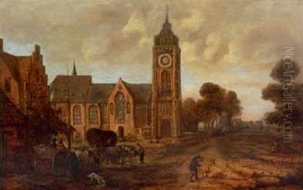 Rue De Village Longeant Une Eglise Avec Une Carriole De Villageois Et Des Paysans Oil Painting by Aert van der Neer