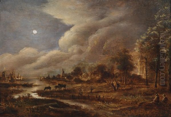 Vollmondbeschienene Fluslandschaft Oil Painting by Aert van der Neer