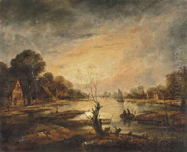 A Moonlit River Landscape With Cottages And A Windmill On The Banks, Two Men On A Raft In The Foreground Oil Painting by Aert van der Neer