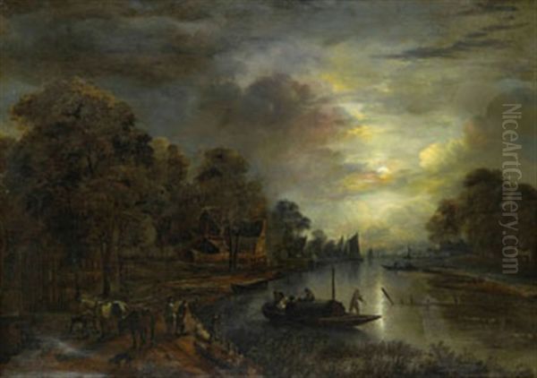 Manbelyst Flodlandskap Med Fiskare Oil Painting by Aert van der Neer