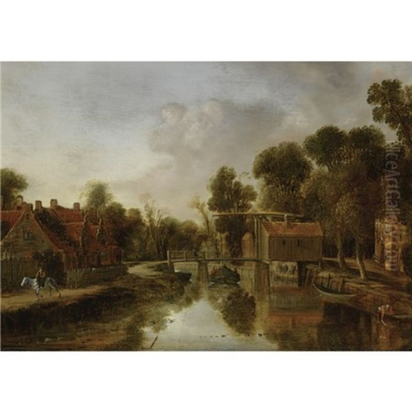 A Village With A Drawbridge Over A River, Figures In A Barge Pulled By A Horseman On A Path To The Left Oil Painting by Aert van der Neer