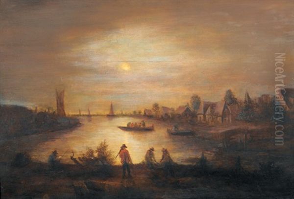 Flusslandschaft Mit Staffage Im Mondschein Oil Painting by Aert van der Neer