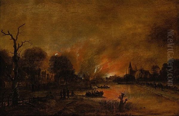 A Moonlit River Landscape With Figures Quenching A Fire In A Town Beyond Oil Painting by Aert van der Neer