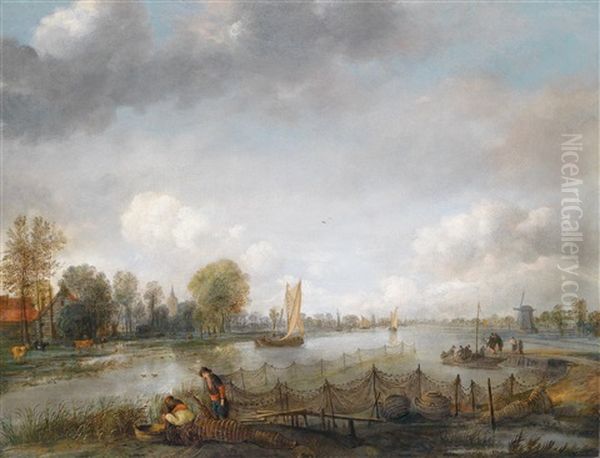 Weite Fluslandschaft Mit Fischern Oil Painting by Aert van der Neer