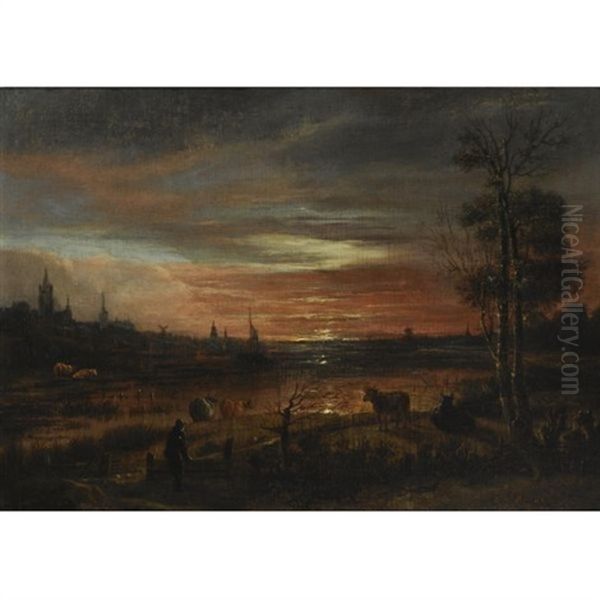 A View Across A Marshy River Towards A Town After Sunset, Two Peasants And Cattle In The Foreground Oil Painting by Aert van der Neer