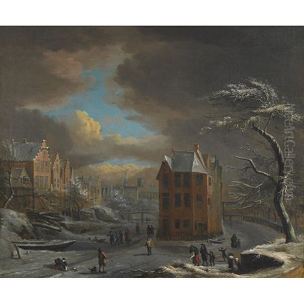 Busy Town Scene With Skaters And Merrymakers On A Frozen River Oil Painting by Aert van der Neer