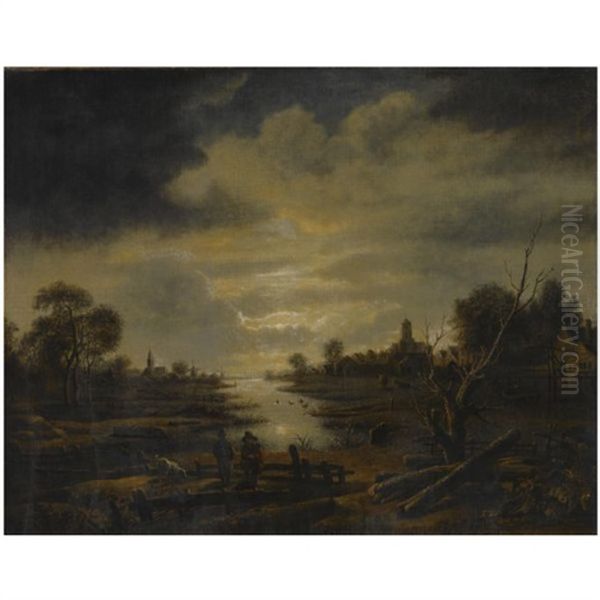 An Extensive Moonlit River Landscape, With Two Figures Conversing In The Foreground, Accompanied By A Dog, A View Of A Two Churches And Windmills Beyond Oil Painting by Aert van der Neer