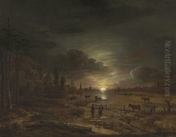 A Nocturnal River Landscape With Figures Oil Painting by Aert van der Neer