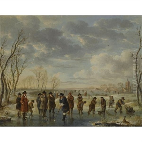 Winter Landscape With Elegant Figures Playing Kolf On A Frozen River Oil Painting by Aert van der Neer