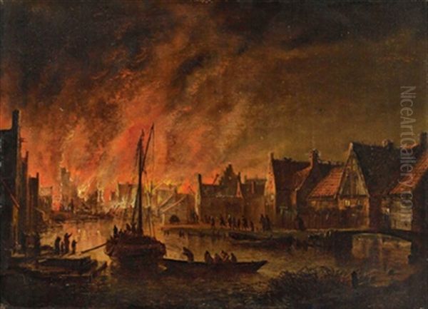 Nachtliche Feuersbrunst In Einer Stadt Oil Painting by Aert van der Neer