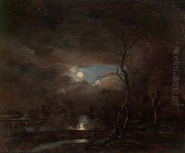 A Moonlit River Landscape, A Village Beyond Oil Painting by Aert van der Neer