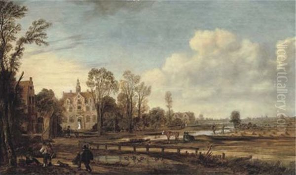 An Extensive River Landscape With Travellers Near A Mansion On A Country Path, A Village With Windmills In The Distance Oil Painting by Aert van der Neer