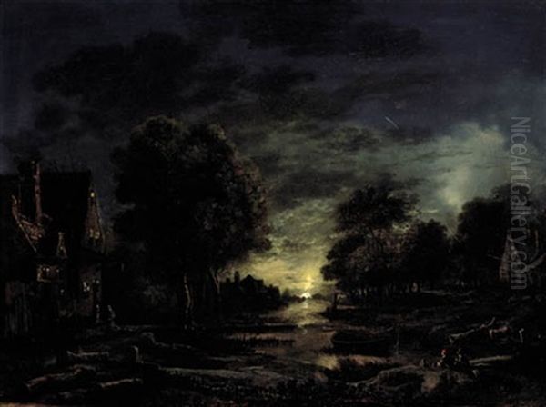 A Moonlight River Landscape With Two Men Resting On The Bank Oil Painting by Aert van der Neer