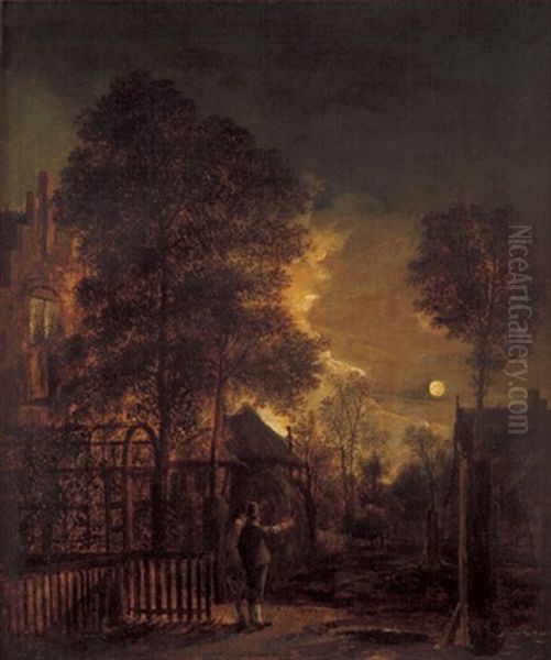 Zwei Manner In Einem Park In Betrachtung Des Mondes Oil Painting by Aert van der Neer