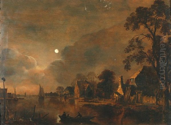 Mondbeschienene Uferlandschaft Mit Hausern Und Booten Oil Painting by Aert van der Neer