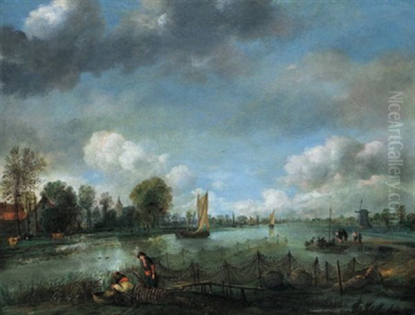 Weite Flusslandschaft Mit Fischern by Aert van der Neer