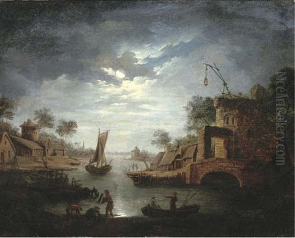 A Moonlit River Landscape With Fishermen By A Bridge Oil Painting by Aert van der Neer