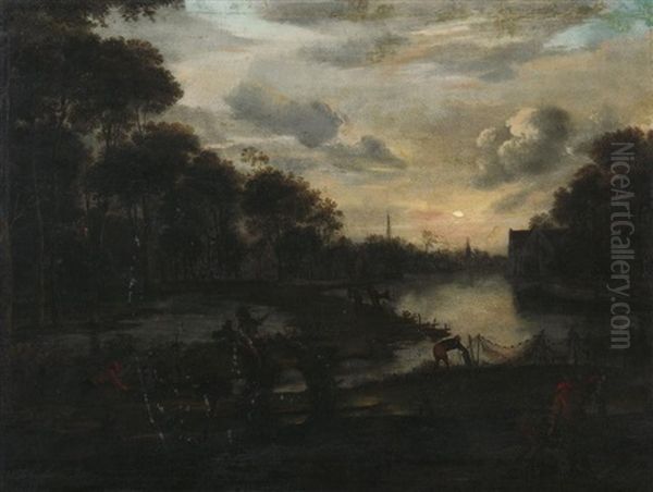 Nachtliche Fluslandschaft Mit Fischern Oil Painting by Aert van der Neer