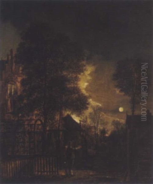 Nachtliche Dorflandschaft Bei Mondschein Mit Zwei Figuren Oil Painting by Aert van der Neer