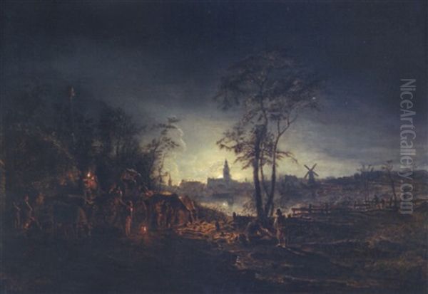 Nachtliche Szene Am Flussufer Einer Stadt Oil Painting by Aert van der Neer