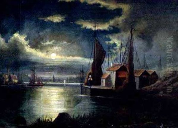 Hollandischer Fischerhafen Im Mondschein Oil Painting by Aert van der Neer