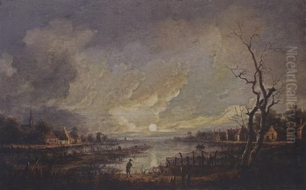 A Moonlit River Landscape With A Man Leaning On A Walking Stick And Fishermen In A Rowing Boat Near A Village Oil Painting by Aert van der Neer