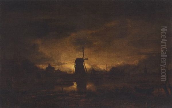 A Moonlit River Landscape With Figures In The Foreground, A Windmill Beyond Oil Painting by Aert van der Neer