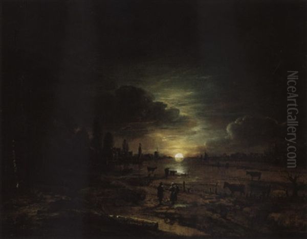 Weite Flusslandschaft Bei Sonnenuntergang Oil Painting by Aert van der Neer