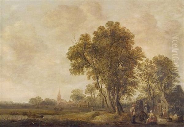 Paysage De Campagne, En Ete, Avec Des Voyageurs Et Une Servante Pres D'un Puits by Aert van der Neer