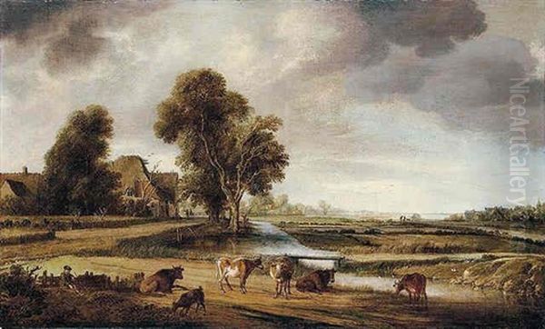 A River Landscape With A Herder Tending His Cattle Near Some Houses Oil Painting by Aert van der Neer