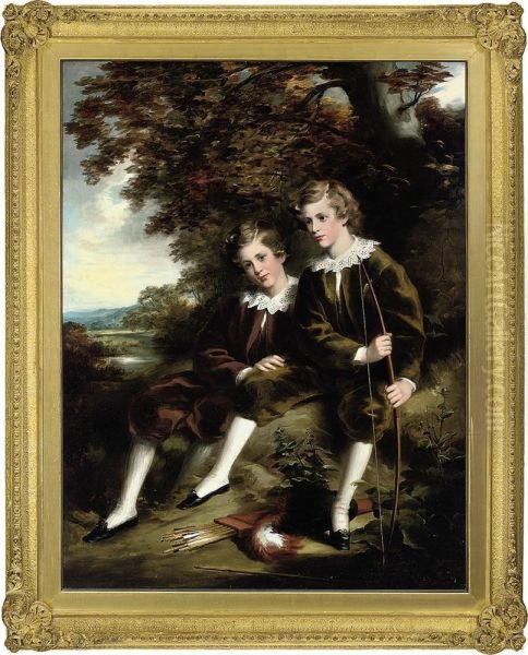 Portrait Of Charles And Terrell Garnett Of Undercliffe House,
Bradford, Full-length, In A Landscape Oil Painting by Isaac Faulkner Bird