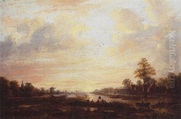 An Evening River Landscape With Fishermen In The Foreground, Cottages And A Windmill Beyond Oil Painting by Aert van der Neer