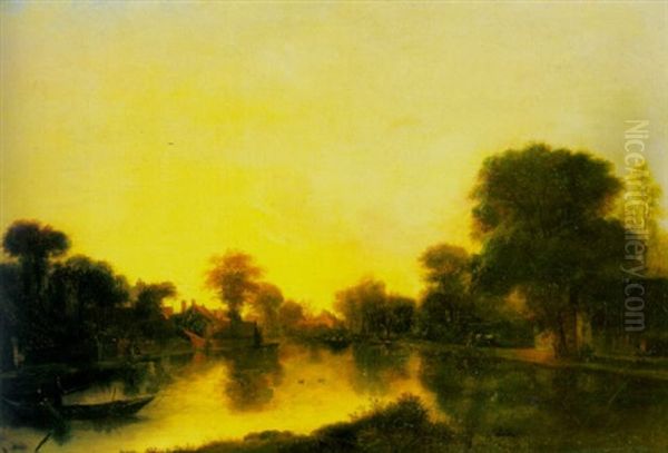 A River Landscape At Dusk With Fishermen In A Boat, A Cottage On An Embankment Beyond Oil Painting by Aert van der Neer