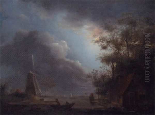 A Moonlit River Landscape With A Windmill Oil Painting by Aert van der Neer