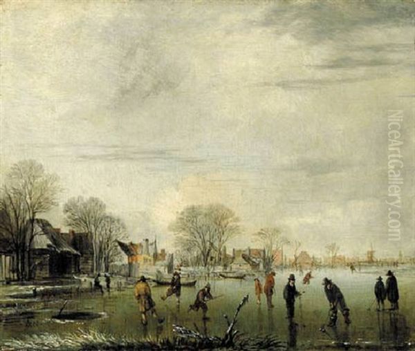 A Frozen Winter Landscape With Figures Playing Kolf, A Village Nearby Oil Painting by Aert van der Neer