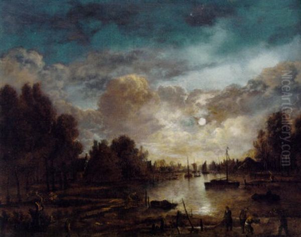 A Moonlit River Landscape With Fishermen In The Foreground Oil Painting by Aert van der Neer