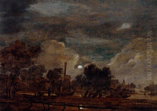 Fishermen By A Moonlit Mill Oil Painting by Aert van der Neer