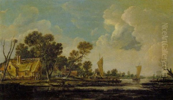 Fischerhutten An Einem Fluss Oil Painting by Aert van der Neer