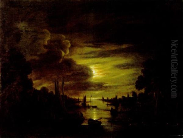 Mondnacht Uber Einem Hollandischen Hafen Oil Painting by Aert van der Neer