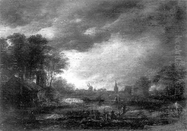 Mondbeschienene Fluslandschaft Mit Ruderer Vor Stadtsilhouette Oil Painting by Aert van der Neer