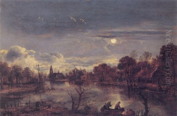 Nocturnal River Landscape Oil Painting by Aert van der Neer