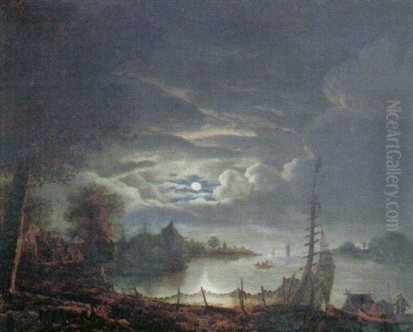 Niederlandische Fluslandschaft Bei Vollmond Oil Painting by Aert van der Neer