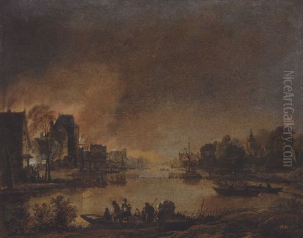 A Fire At Night In A Town Oil Painting by Aert van der Neer