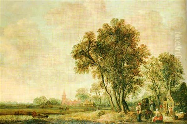 Figures In A Landscape With Distant Church Oil Painting by Aert van der Neer