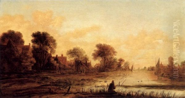 Fluslandschaft Im Abendlicht Mit Einem Angler Oil Painting by Aert van der Neer