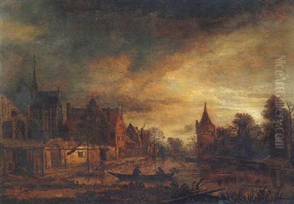 River Landscape By Moonlight Oil Painting by Aert van der Neer