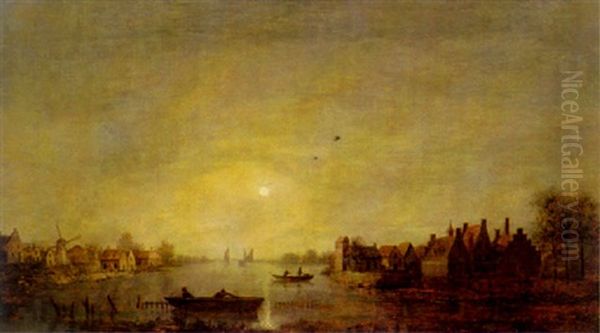 Moonlight Over Village Canal Oil Painting by Aert van der Neer